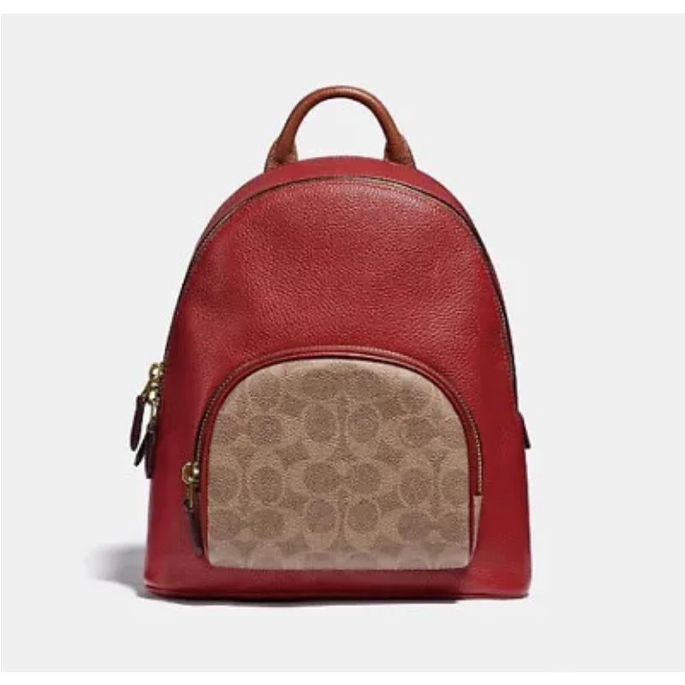 Coach Carrie Backpack 23 Brass/Tan Red Apple Colorblock Signature Canvas